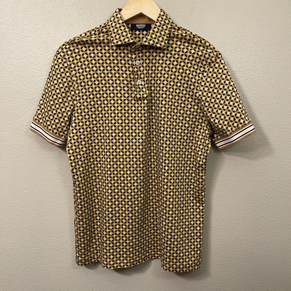 Murano Men's Liquid Luxury Cotton Shirt Retro 70s Pattern MCM Yellow Brown  Sz M